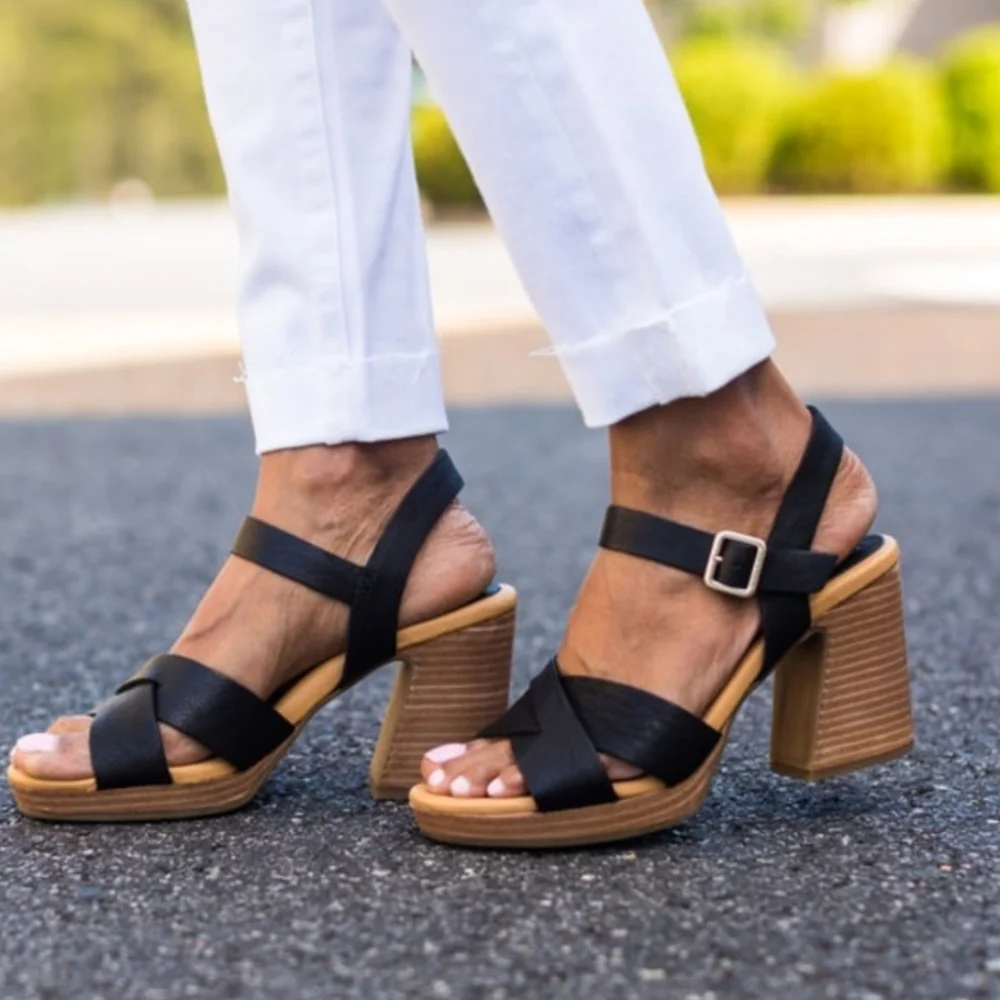 Kork Ease Heel Sandals Hutton Black Cross Strappy Leather Chunky Block Sz 7 - Picture 11 of 14